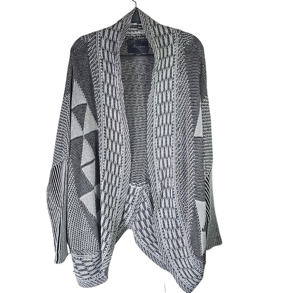 Anthropologie Paper Crane Long Cardigan Womens Large Black White Boho Office